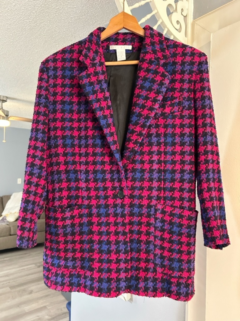 VTG The Limited Size S Made in Italy Wool Blend Houndstooth Blazer Pink Blue